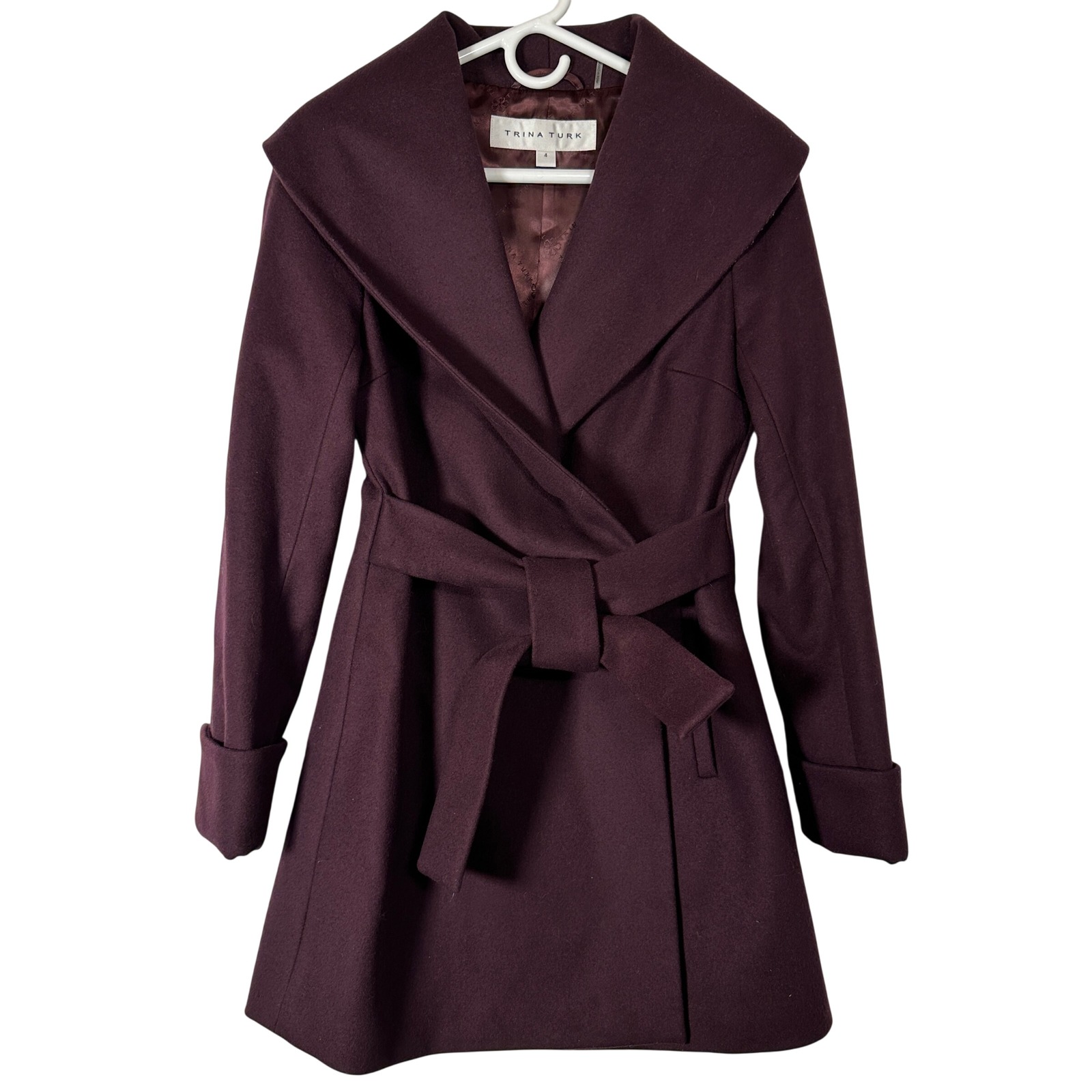 Purple Wrap Coat Trina Turk Plum Wool Blend Shawl Collar Fit Flare Overcoat 4